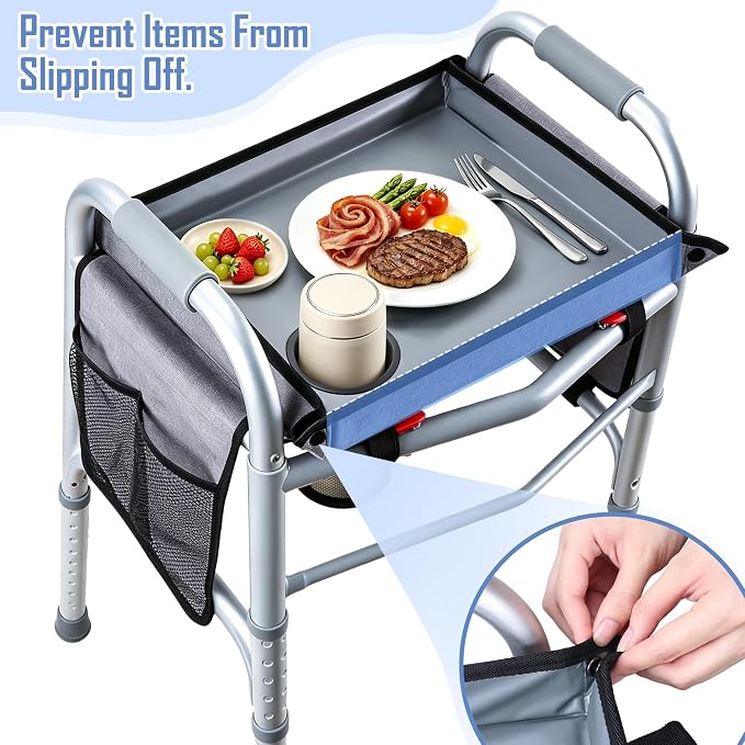 Walker Tray with Two Side Pockets – Universal Seniors Walkers Accessories | Adjustable Side Panels, Waterproof & Easy to Install, With Cup Holder, Cup Holder Keeps Drinks Stable