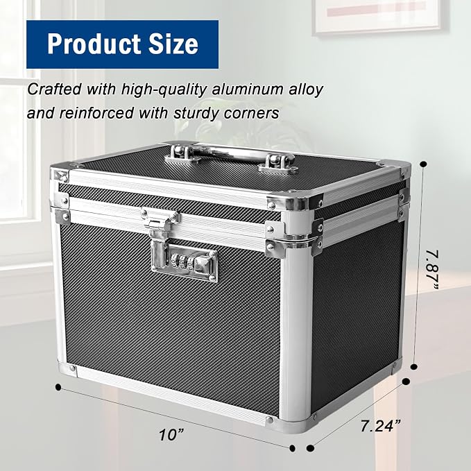 lock box with code, Large Lock Box for Storing Medications & Valuables with Code, 10x8x7.25 Inch Aluminum Alloy Locked Storage Box