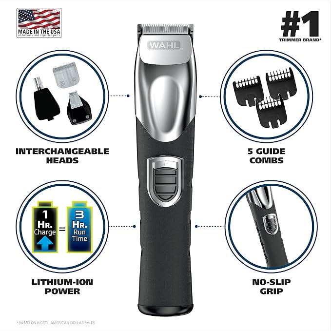 Wahl USA Rechargeable Lithium Ion All in One Beard Trimmer for Men | Hair Trimmer For Beard Grooming, Detailing Edges, Ear & Nose Hair Clean Ups, Multi-Attachment Head Trimmer – Model 9854-600B