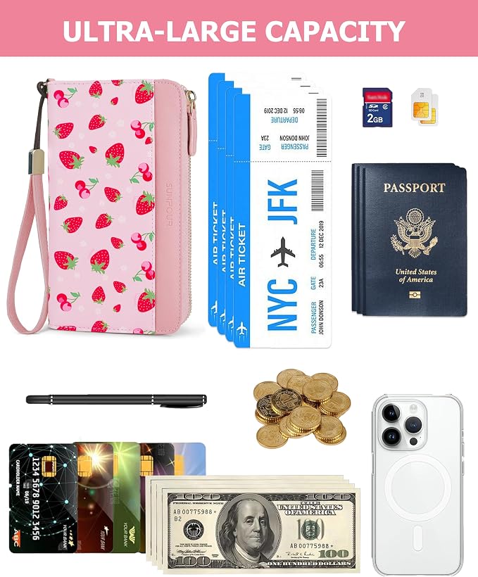 Large Travel Wallet for Women | RFID Blocking Zipper Wallet,Passport Holder Clutch with Wristlet