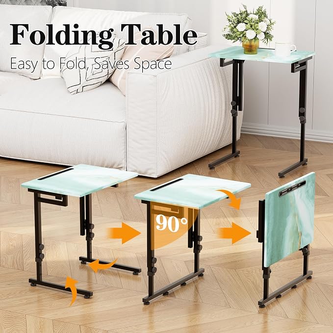 Adjustable Folding TV Tray, C-Shaped Foldable Table, No assembly(Sea Blue) | Heavy-duty steel frame, Height adjustable, Folds flat for storage, For Couch, Small Space, Living room