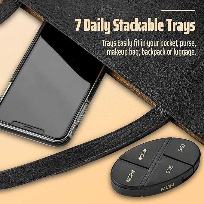Daily Pill Organizer - (4 Times a Day) Stackable Medication Reminder - Premium Weekly AM/PM Pill Box with 7 Daily Stackable Trays and Medicine Organizer for Vitamins, Fish Oils and Supplements, Gold