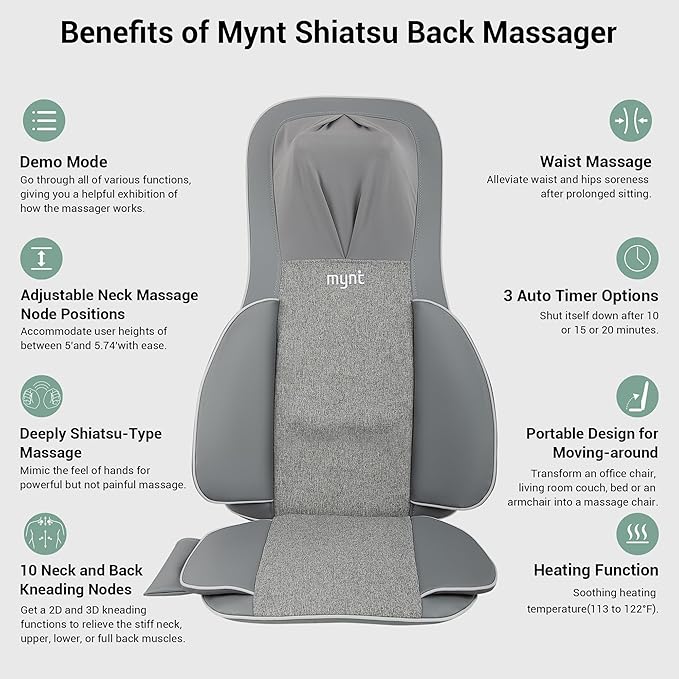 Mynt FSA Eligible HSA Approved Shiatsu Neck and Back Massager for Chair with 10 Deep Kneading Nodes, 2D & 3D Adjustable Back Massage with Heat, Portable Massage Chair Pad (Gray)