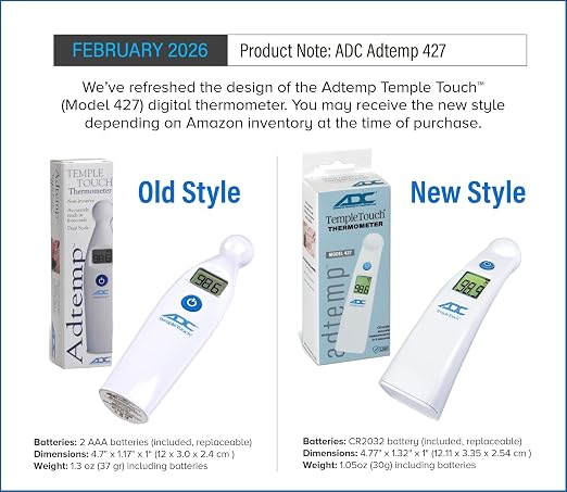 ADC Adtemp 427 Temple Touch 6-Second Digital Thermometer, Ideal for Infants | Includes an easy-to-read, color-coded, backlit LCD display: Green for normal readings, red for high temperatures.