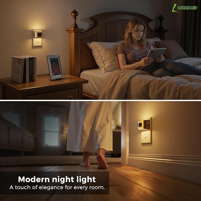 L LOHAS LED Motion Sensor Night Light, Night Lights Plug into Wall, 2 Pack | Nightlight with Dusk to Dawn & Motion Detection Sensor, 30-100Lm Adjustable Brightness, 3000K Warm White, Gold Housing