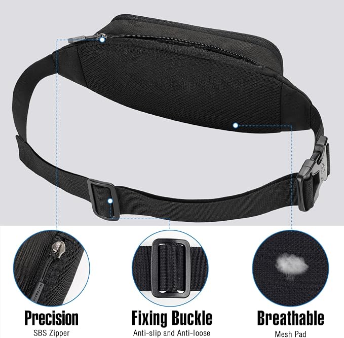 WATERFLY Small Fanny Pack Crossbody Lightweight Waist Bag for Woman Man | Adjustable extender strap, Slim compact, Water-resistant durable material, Breathable back pad, Multi-scene for travel, daily