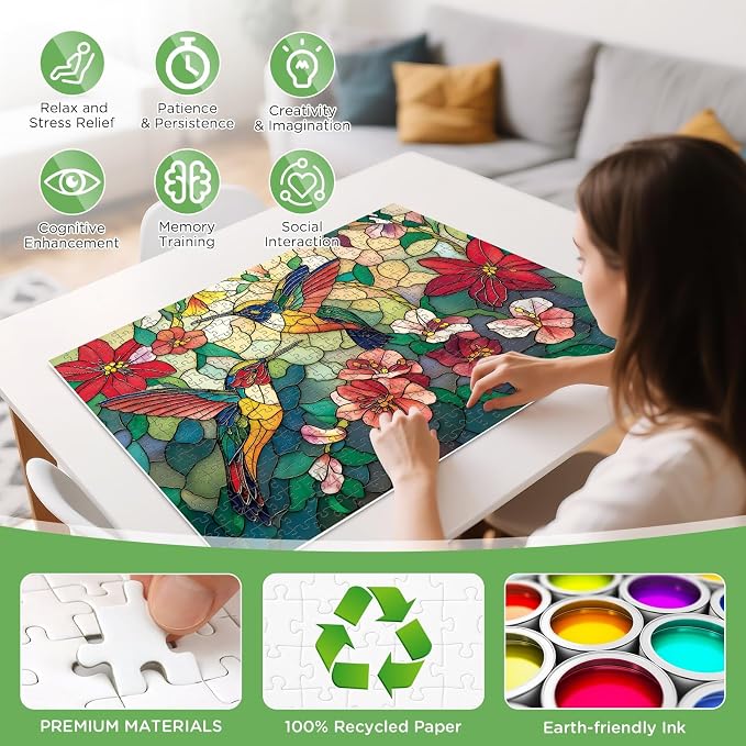 500 Pieces Puzzle for Adults - Vintage Paint Hummingbird Flower Puzzles - Stained Glass Birds Puzzle 500 Piece with Letters on Back Dust-Free,Fun Family Game,Gift for Men Women Seniors 20.5 x 15 in