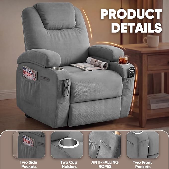 Flamaker Power Lift Chair Massage Recliner Chairs for Elderly | Ergonomic Lift Recliner Design with Cup Holders & Side Pockets, Remote Control (Gray)