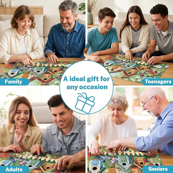 500 Piece Jigsaw Puzzle for Adults, Colorful Garden Birds & Birdhouses | Vibrant birds and blooming flowers for family game night, screen-free fun, wall decor, and gifts for adults and seniors