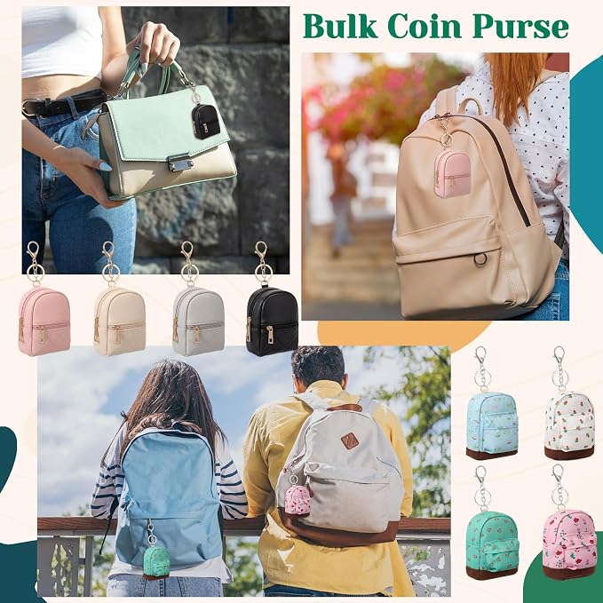 Hsei 8 Pcs Mini Backpack Keychain Coin Purse Tiny Key Chain Cute Cosmetic Bag Small Wallets Mini Valentines Gifts for Women Multi Pocket Card Holder Small Items Cable Organizer Zipper Pouch