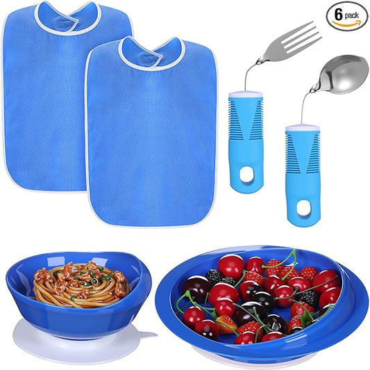 6 Pcs Adaptive Utensil with Bib Bowl Plate Set Weight Cutlery Gift for Christmas Elderly Disabled Arthritis Parkinson(Blue)