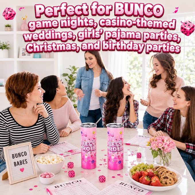 Geiserailie 2 Pack Bunco Party Supplies Stainless Steel Tumbler 20oz Bunco Game Lets Roll Dice Cups Reusable Insulated Cup with Lid and Straws for Players Bachelorette Buncos Game Night Party Gifts