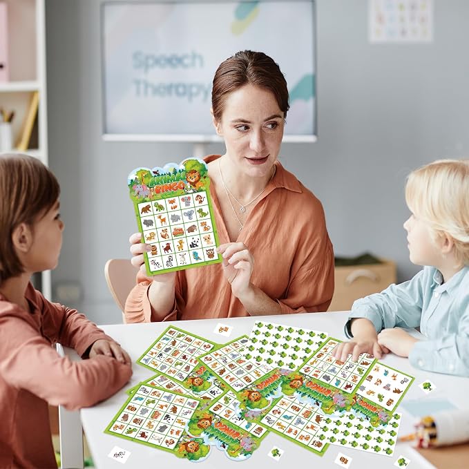 Animal Bingo Game for Toddler Adults, 24 Players Jungle Safari Animal Bingo Game Cards Birthday Party Bingo Cards for School Classroom Family Activities