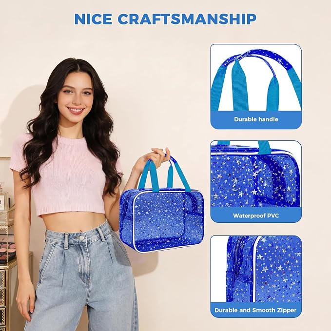 Clear Deep Blue Star Large Makeup Bag with Star Pattern (12x5x8 inches), Travel Cosmetic Bag with Handle, Durable PVC Material, Zipper Opening Design—Ideal for Makeup Travel Organization or Gym Use