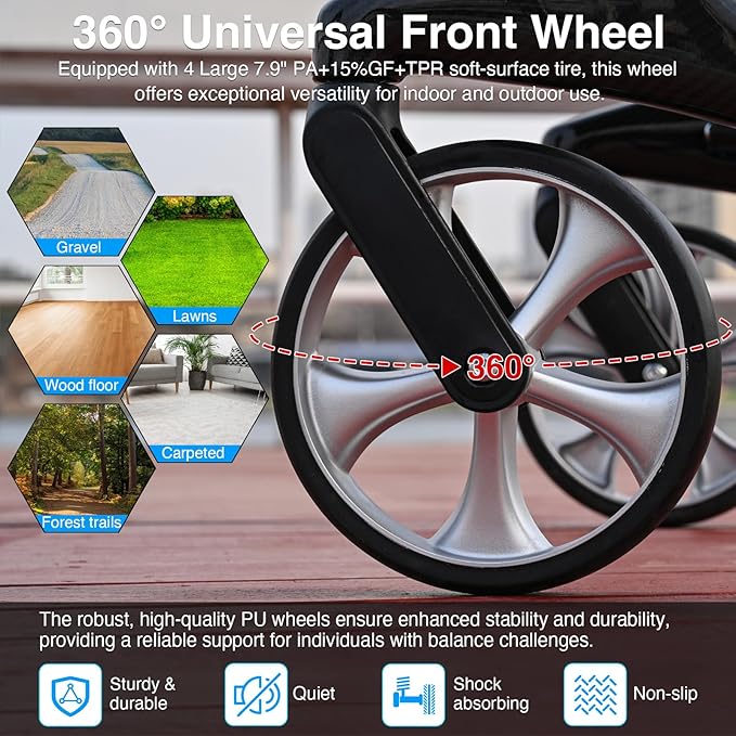 Rollator Walker for Seniors/Adults Foldable Rolling Walker with Seat 440 lbs Capacity 4 Big 7.9 inch Wheels Hand Grips Adjustable Height Lightweight Carbon Fiber Walker Removable Back Support
