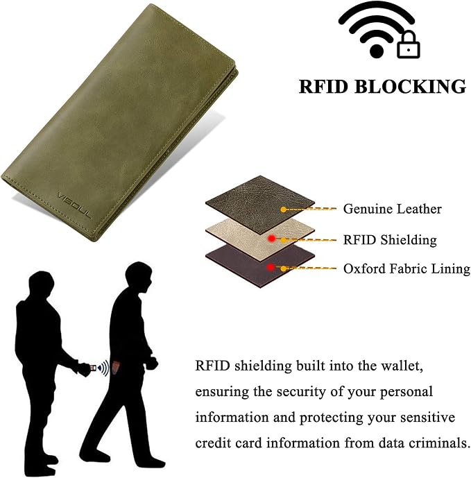 VISOUL Leather Checkbook Cover Wallet for Men with RFID Blocking, Mens Long Bifold Cash Tall Wallet with 11 Credit Card Slots 1 ID Window (Olive Green)