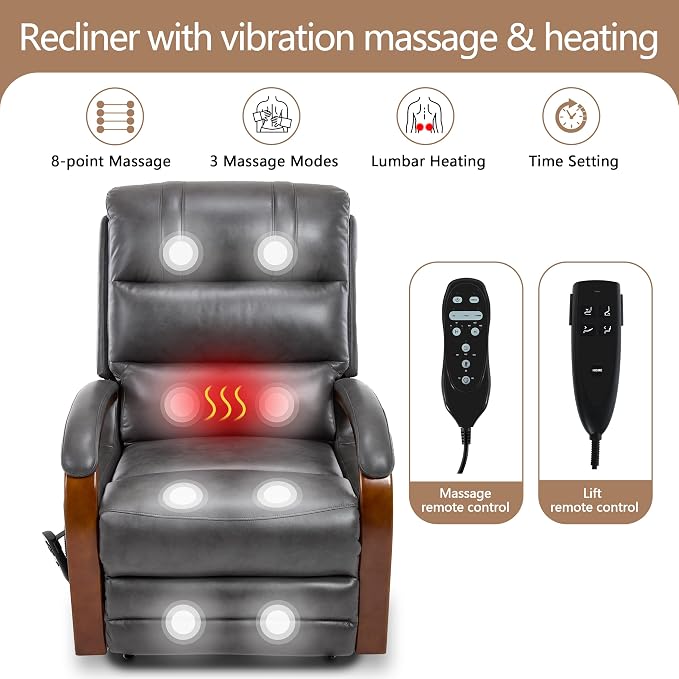 Power Lift Recliner Chair for Elderly People, Dual Motor Lift Chair with Vibration Massage and Heat, Lay Flat Recliner with Solid Wood Armrest, Standing Assistance Reclining, Faux Leather Dark Gray