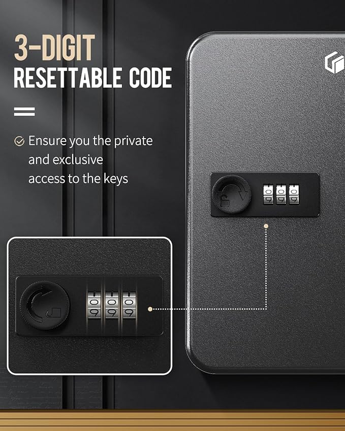 Uniclife 20-Key Steel Key Cabinet, Black Key Box with Combination Lock | Resettable Digital Security Storage Box, Wall-Mounted Key Organizer with Colorful Key Tag Labels for Schools and Companies