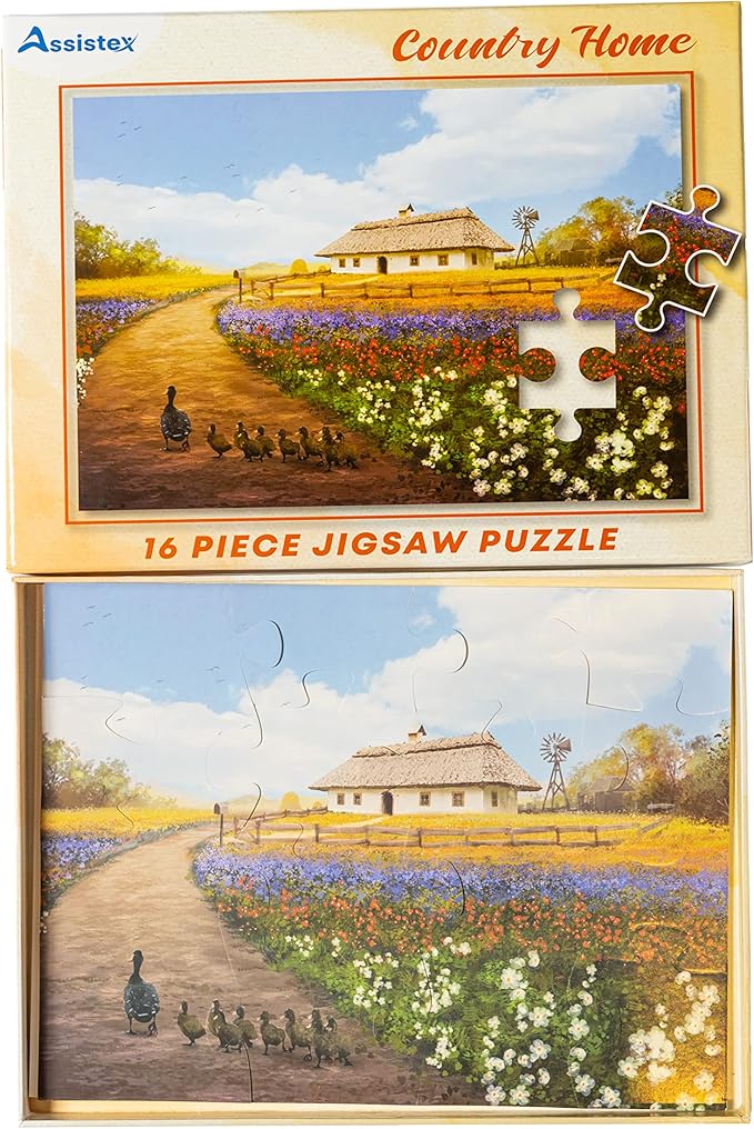 Assistex Large Piece Jigsaw Puzzle for Seniors with Dementia with Conversation Prompts, Large Piece Memory Game for Adults, Elderly, and Dementia Patients – Country Home Puzzle, 16 pcs