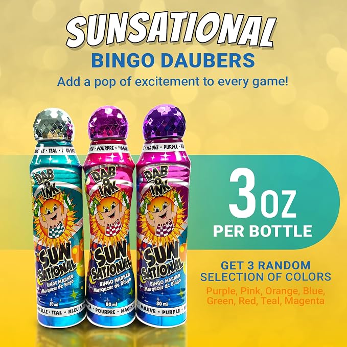 Dab O Ink, Sunsational, Dab O Ink Dazzle and Super Bright Bingo Daubers Bulk 3 oz. 12-Pack - Special Variety Pack of Colors, Styles - Bingo Markers for Adults