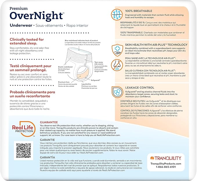 Tranquility Premium OverNight Disposable Absorbent Underwear (16 Count) - L, 44-54 in. Waist - Maximum Absorbency, All-Night Sleep, Breathable Comfort, 16 Adult Diapers