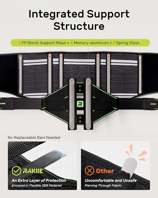 Rakiie Back Brace for Lower Back Pain Relief for Women Men, Elastic Back Support Belt with 8 Stays for Lfting at Work, Breathable Soft Lumbar Support with Removable 3D Compression Pad, Green Size XXL