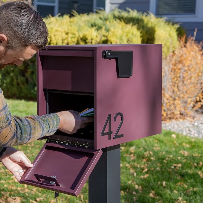 Adoorn Lockable Post Mount Mailboxes for Outside - Large Anti-Theft Locking Mailbox for Packages and Letters - Weatherproof Construction - Durable Steel - 15.5" H x 12" W x 18.5" D - Malbec
