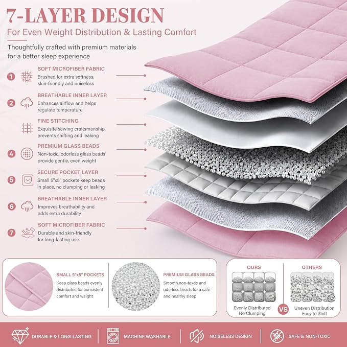 L'AGRATY Weighted Blanket Queen Size（22lbs, 60"x80", Pink） Cooling Heavy Blanket Microfiber for Adults Breathable Big Weighted Throw Blanket for Summer Fall Winter