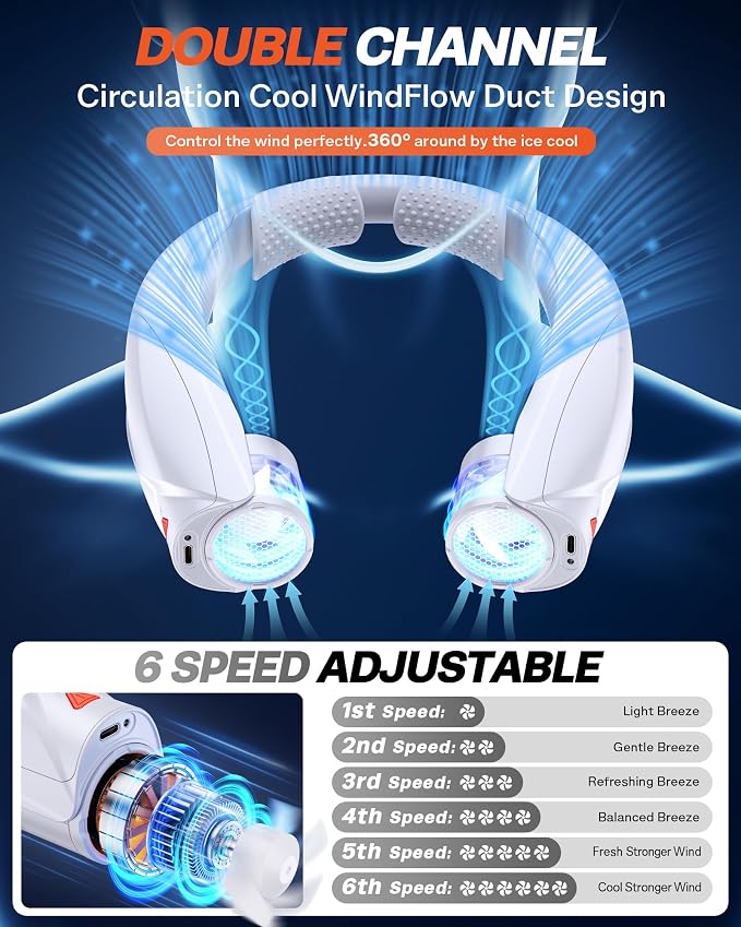 Laimiod Hand Free Portable Neck Fan with LED Book Light for Men & Women | Comfortable Silicone Made, 6-20 Hours Long Lasting, 6 Adjustable Speeds, Ultra Quiet Personal Neck Cooler for Indoor Outdoor