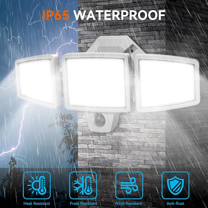 LED Security Lights Motion Sensor Outdoor Lights, 6500K Daylight, IP65 Waterproof, Dusk to Dawn, 3-Head Motion Detected Flood Light for Garage, Yard, Porch, White