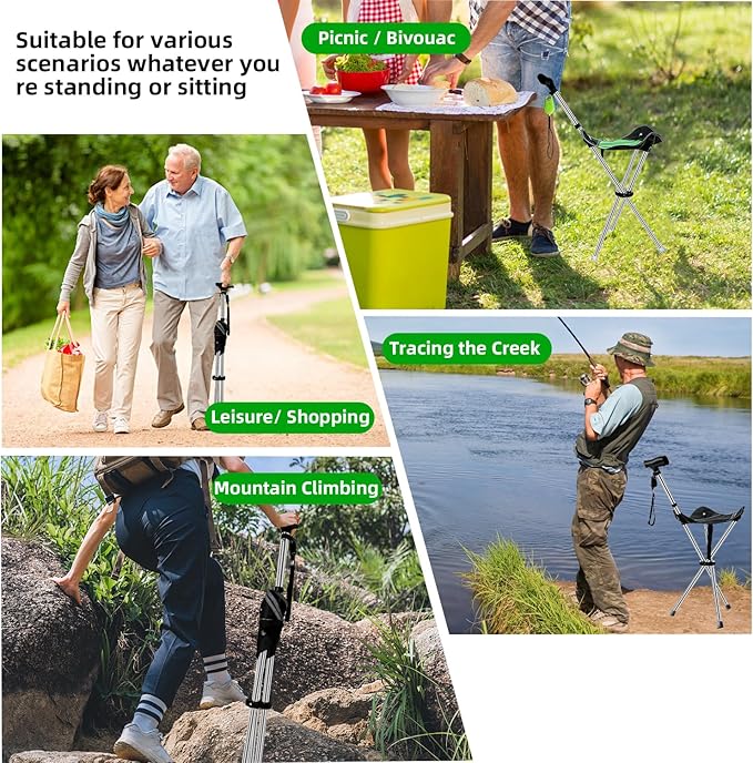 Folding Walking Cane with Seat for Seniors Adults,Lightweight Height Adjustment Cane Seat,Supports Up to 220lbs Crutch Chair,Anti-Slip Cane Chair Walking Stick for Camping,Black,1 Set