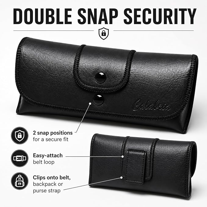 Calabria Double Snap Belt Loop Eyeglass Case PU Leather Black Old School Vintage Eye Glasses Pouch Semi-Hard Sunglass Holder - 50PACK