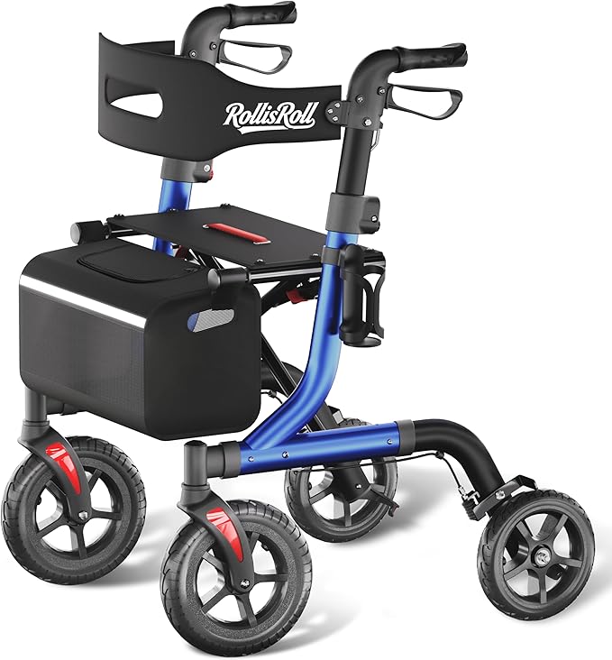 Walkers for Seniors with Seat, Foldable Rollator Walker, Reinforced Aluminum Frame, 10" Big Rubber Wheels for All Terrain, Built-in Cable, Lightweight Rolling Walker, Blue