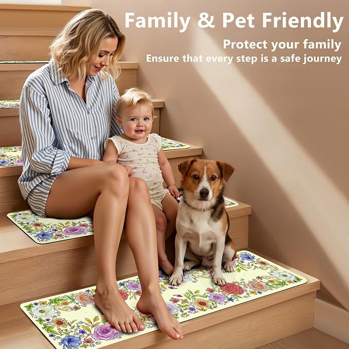 Butterfly Floral Stair Treads Non-Slip Stair Carpet for Wooden Steps 15PCS 8"X30" Stair Rugs Rubber Backing Treads Stair Mats Indoor Safety Staircase Step Treads for Elders Kids Dogs Beige