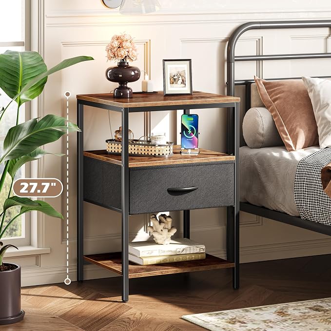 SUPERJARE Nightstand with Charging Station, USB-C Port, Bedside Table | 27.7 Inch Tall Nightstand with Adjustable Fabric Drawer, Large Dresser for Bedroom, Living Room, Rustic Brown & Black