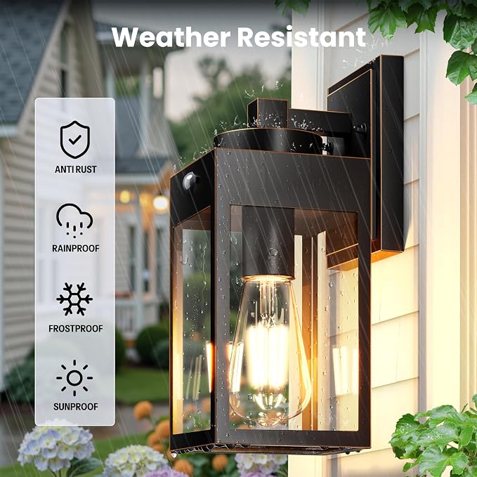 Gleamz Motion Sensor Outdoor Wall Light Fixtures, Anti-Rust, Waterproof | Dusk to Dawn Modern Black Gold Trim Exterior Light Fixtures Wall Mount for House, Garage, Coach, Entryway, Waterproof, 2-Pack