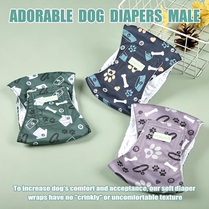 wegreeco Washable Male Dog Belly Band (Stylish Pattern) - Pack of 3 - Dog Diapers Male - Washable Male Dog Belly Wrap (Bones & Footprints, Large)