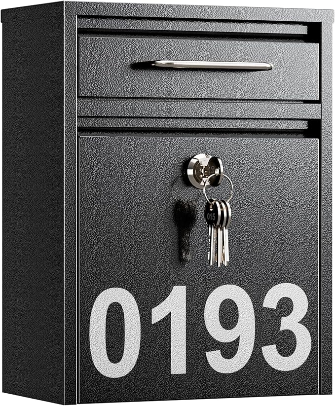 LAND·VOI Mailbox for Outside Wall Mount, Heavy Duty Rustproof, Anti-Theft Locking Mailbox with 4 Keys, Weatherproof for Residential & Apartment, 12.2"×9.5"×4.7", Black, Small