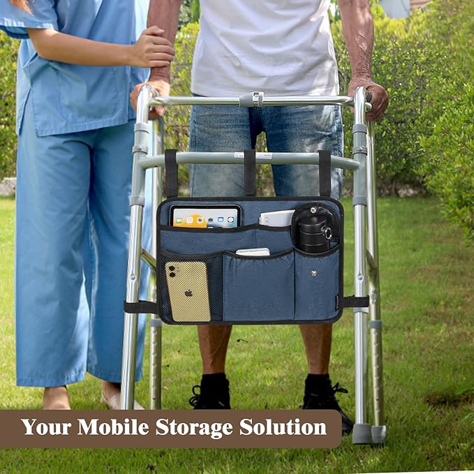 Walker Bag Multiple Pockets Walker Basket for Folding Walker with Cup Holder Bag for Walkers for Seniors Rollator Accessories Bag Blue