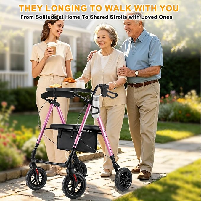 Foldable Rollator Walker for Seniors with Seat,4 Wheel Rolling Walkers | 300lbs walker with tray for Adults & Mobility Impaired|8" Airless Tires|Anti-tip brakes|Adjustable height|Tool-Free Assembly