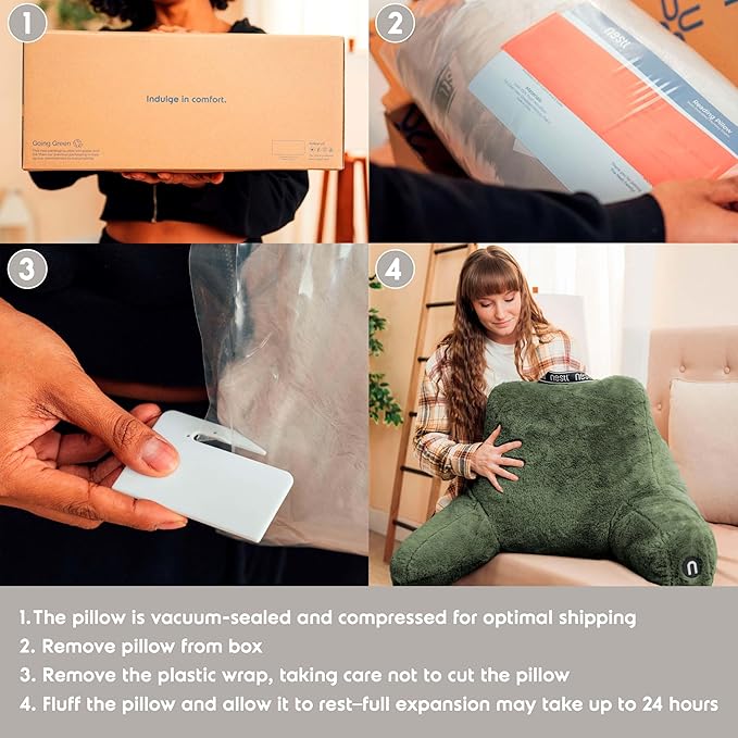 Nestl Fur Reading Pillow with Laptop Lap Desk, Stylish Back Pillow for Sitting Up, Lap Desk with Reading Pillows for Sitting in Bed Adult & Kids, Faux Fur Chair Pillow with Arms - Olive Green