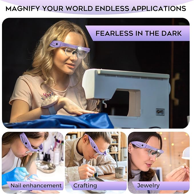 Dilzekui Magnifying Glass w/Light,1.5X-5X Magnifying Glasses Acrylic Lenses | Rechargeable Light with 2 Levels, Type-c Charged, 2 Wearing Ways, Hands free Headband Magnifier for Close Work Craft Hobbies
