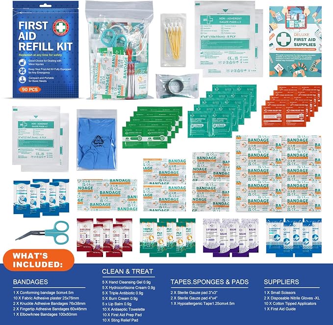SuccorWare 90 Pieces First Aid Refill Kit - Wound Care Kit Includes Bandages for Home, Travel, Hiking - Portable Replacement Kit for First Aid Medical Supplies（1 Set）