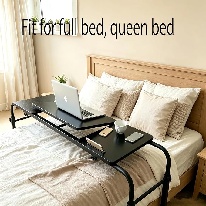 Overbed Bedside Table with Wheels Portable Rolling Laptop Desk Cart Computer Table Over The Bed Table Adjustable Height and Length with Tilt Stand Board for Bed Hospital Home and Office (Black-M)