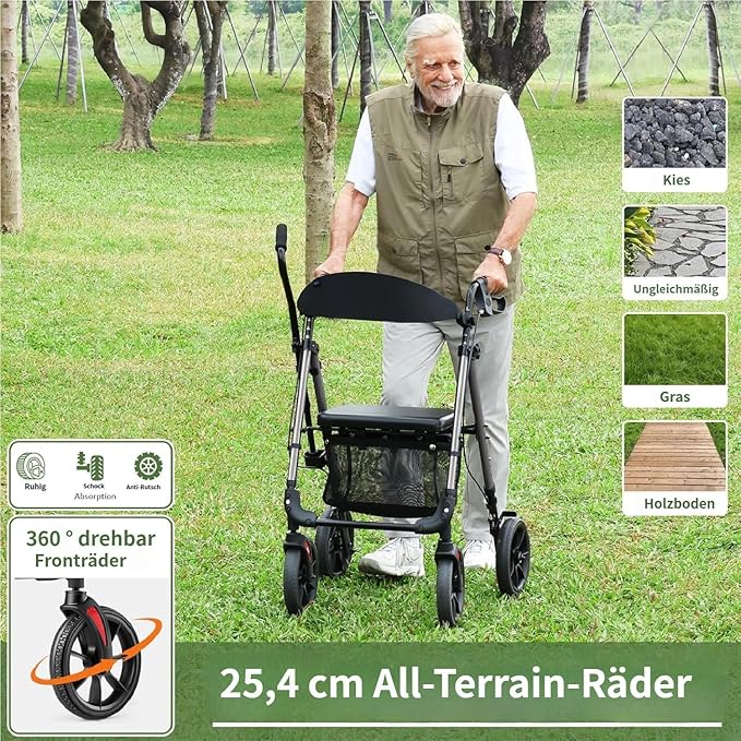 WALK MATE Walkers for Seniors, 4 x10 Inch Big Wheels Rollator Walker with Seat 350lb Weight Capacity Foldable All Terrain Rolling Walker, Lightweight Mobility Aid with Adjustable Height, Grey