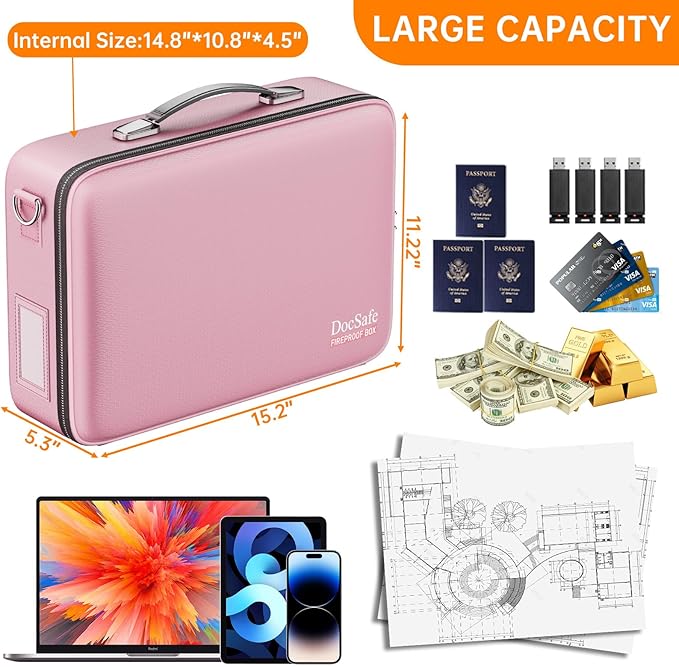 DocSafe Fireproof Document Box Hard Case with Lock ＆ Accordion File Folder | Fire and Water Resistant Safe Box,File Organizer,Multi-Pocket,Home Office Travel Storage for Important Document,Laptop,Pink