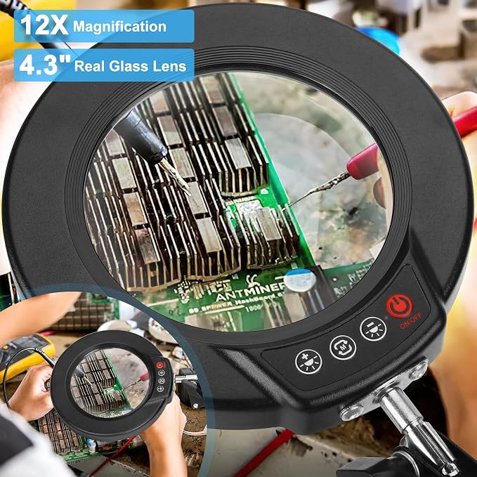 Coyeth 12X Magnifying Glass with Light and Stand, 5 Color Modes Stepless Dimmable 2-in-1 Lighted Magnifier with Clamp, LED Desk Lamp Hands Free for Crafts Hobby Reading Painting Sewing Close Work