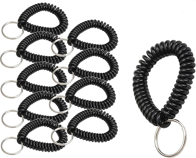 Lucky Line 2” Spiral Wrist Coil with Steel Key Ring, Multi-Color Flexible Wrist Band Key Chain Bracelet, Stretches to 12”, Black, 10 PK (41020)