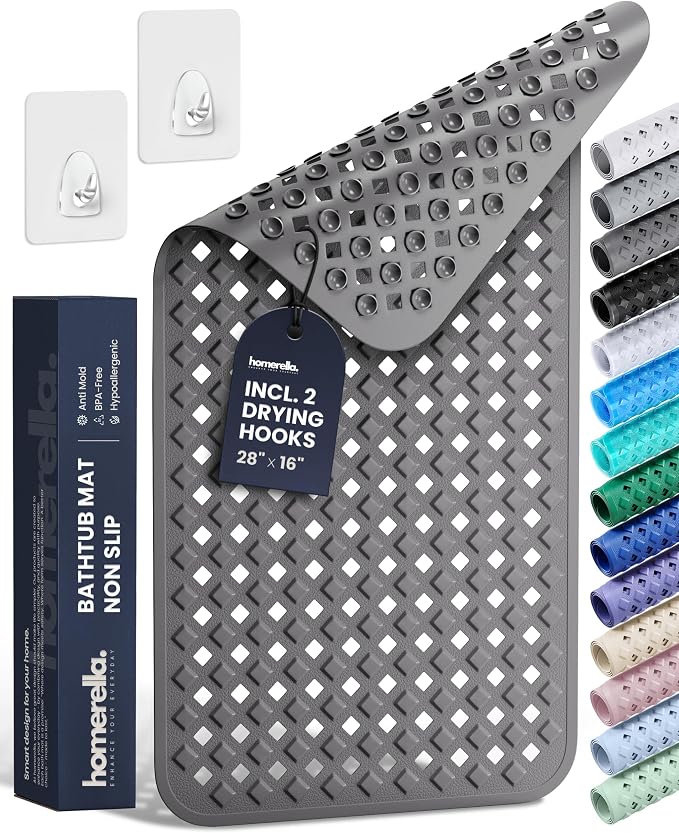 Bathtub Mat Non Slip 28x16 - homerella® Bath Mat Incl. Hooks for Drying, 100% BPA Free, Shower Mat Non Slip Anti Mold, Machine Washable, Shower Mats for Inside Shower Mildew Resistant (Dark Grey)