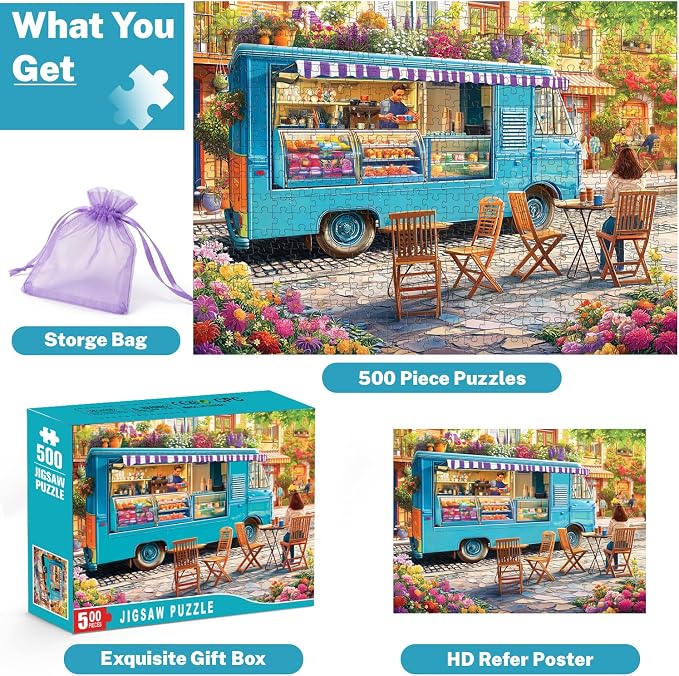 500 Piece Jigsaw Puzzle for Adults, Colorful Coffee Truck on Floral Street | Fresh pastries, vibrant blossoms, cozy sidewalk cafe vibes, family game night, screen-free fun, wall decor and unique gifts